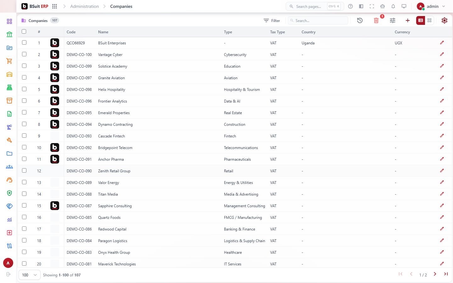 Screenshot of the Companies page