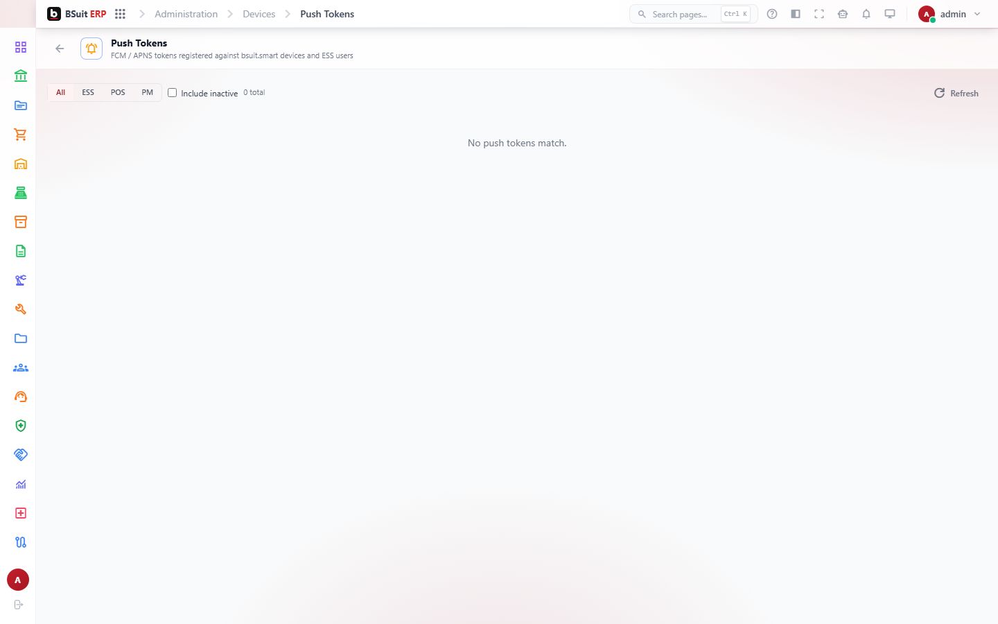 Screenshot of the Push Tokens page