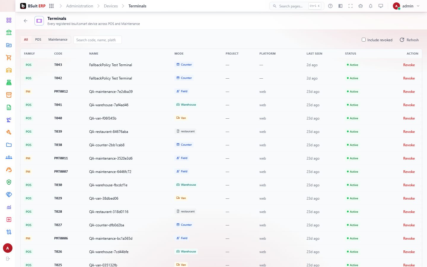 Screenshot of the Terminals page