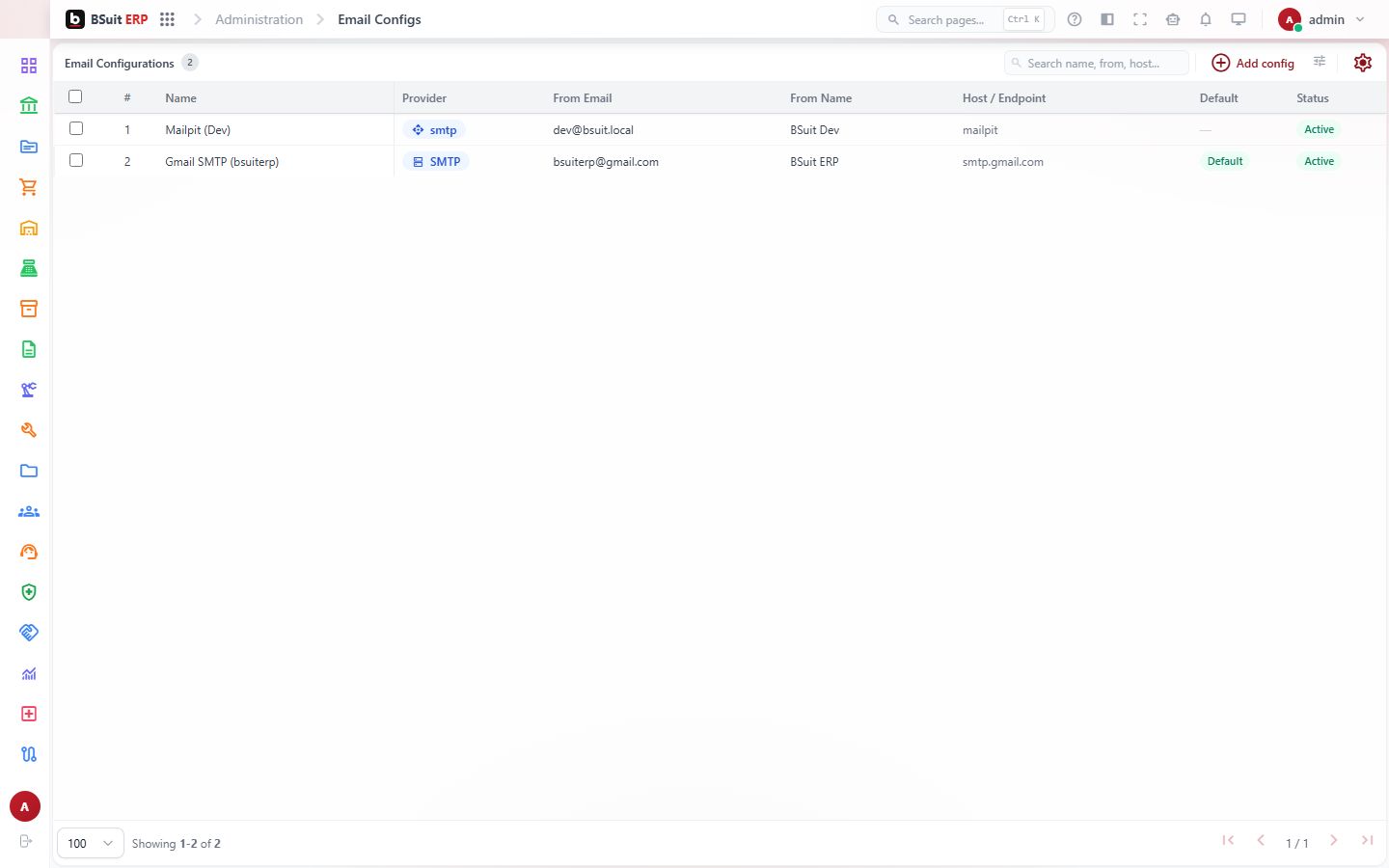 Screenshot of the Email Configs page