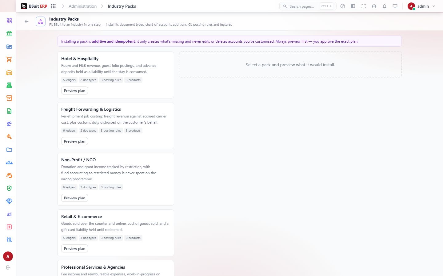 Screenshot of the Industry Packs page