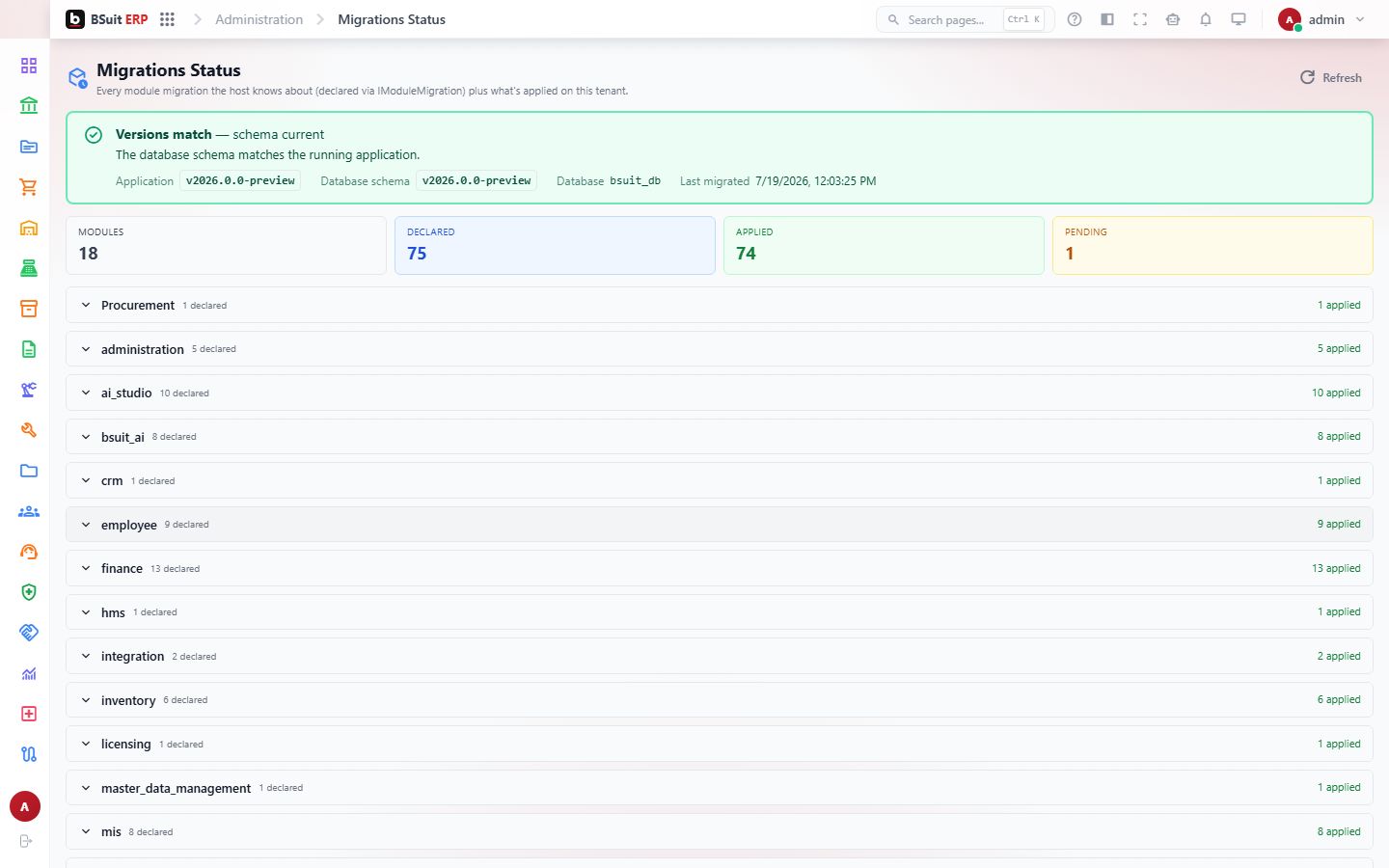 Screenshot of the Migrations Status page