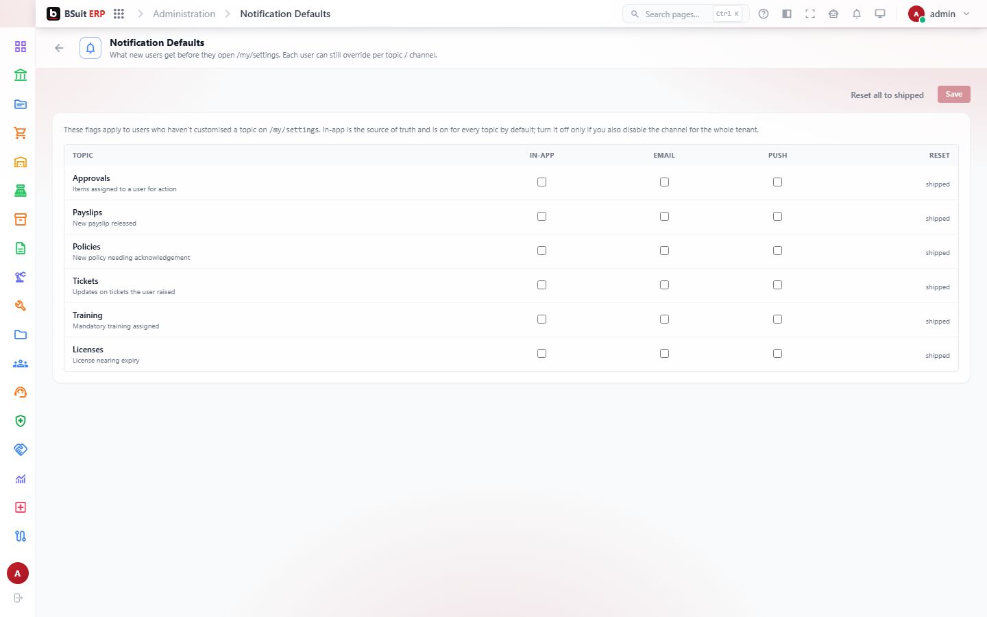 Screenshot of the Notification Defaults page