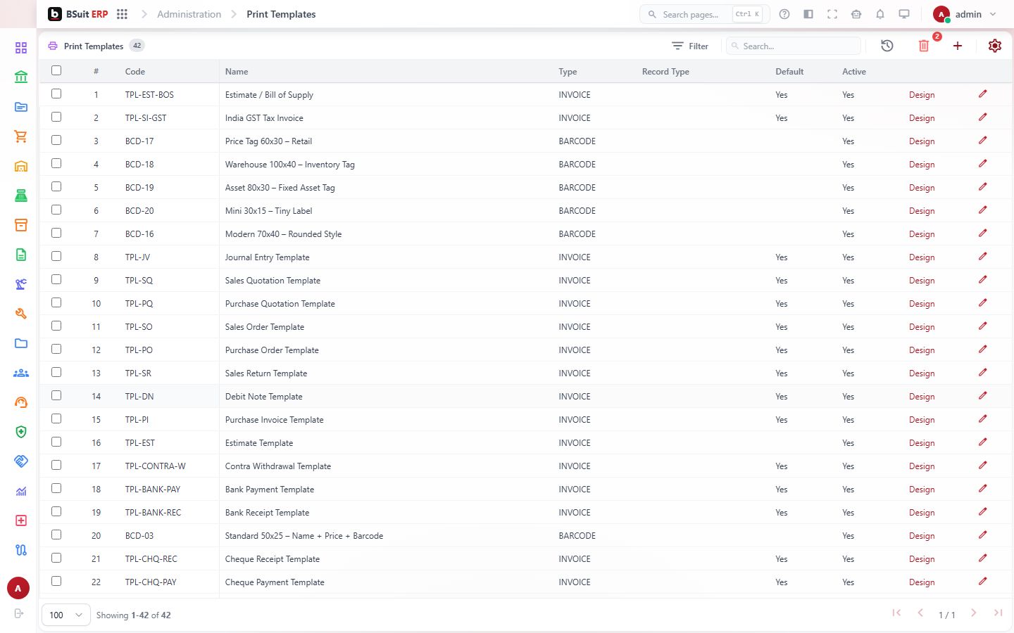Screenshot of the Print Templates page