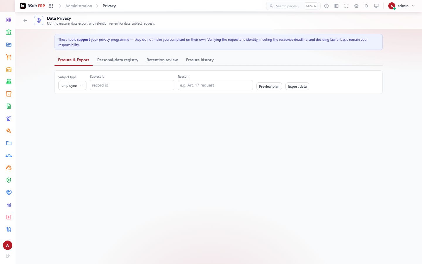 Screenshot of the Data Privacy page