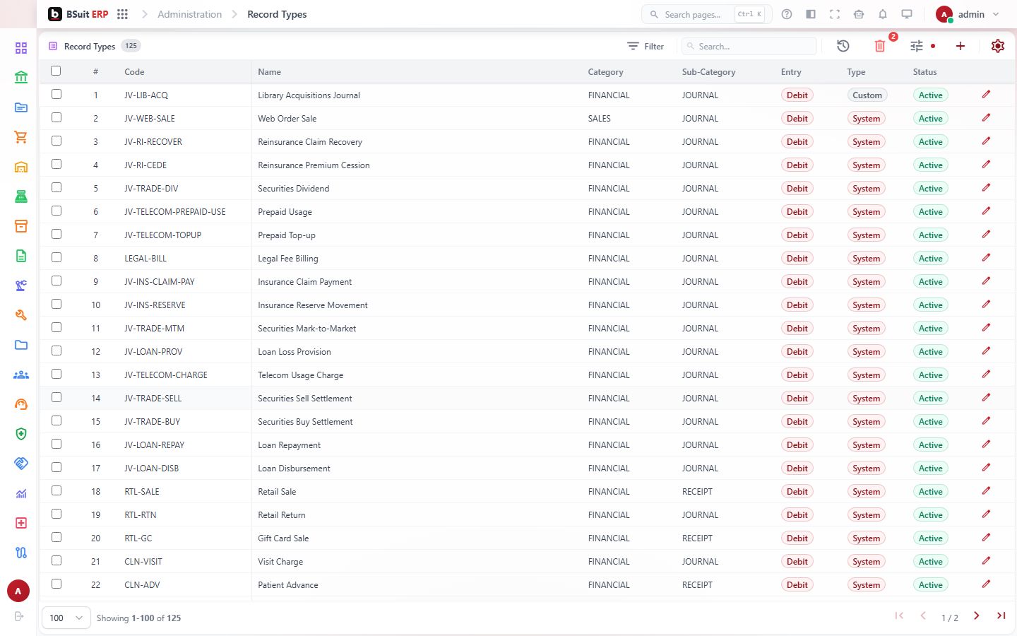 Screenshot of the Record Types page