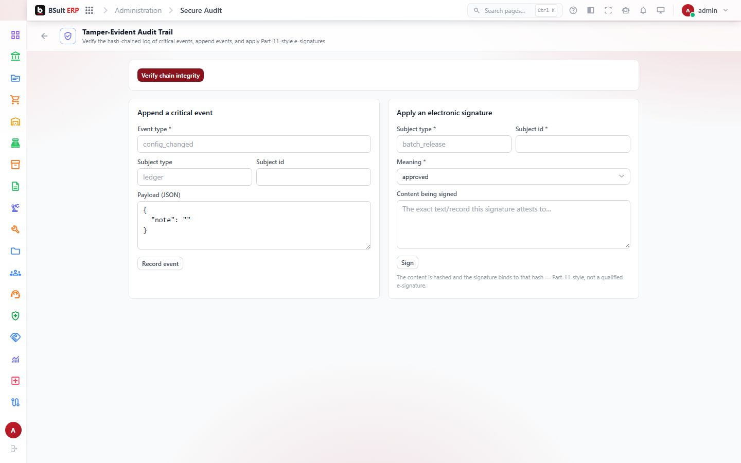 Screenshot of the Tamper-Evident Audit Trail page