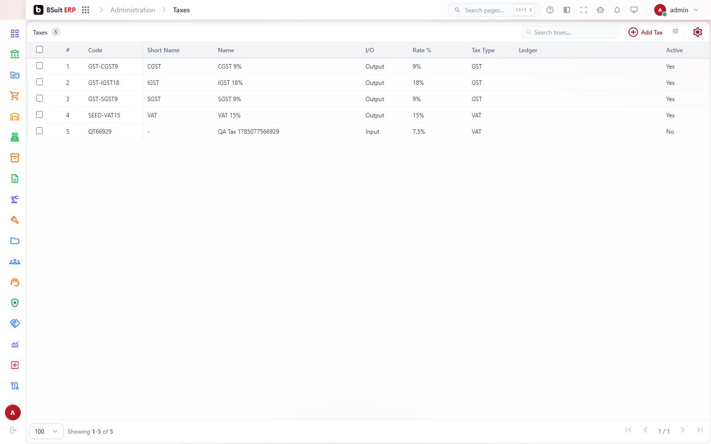 Screenshot of the Taxes page