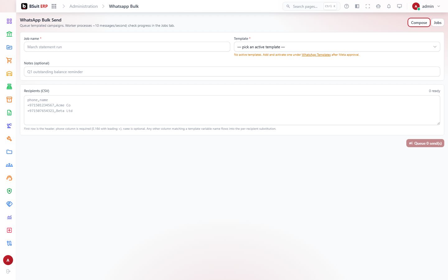 Screenshot of the WhatsApp Bulk Send page