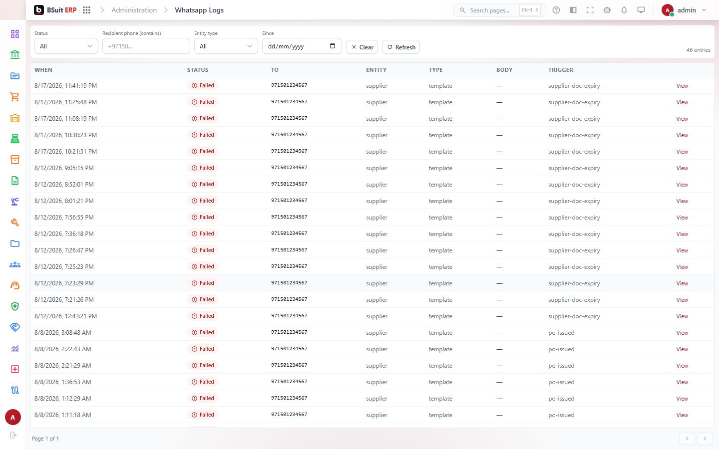 Screenshot of the Whatsapp Logs page