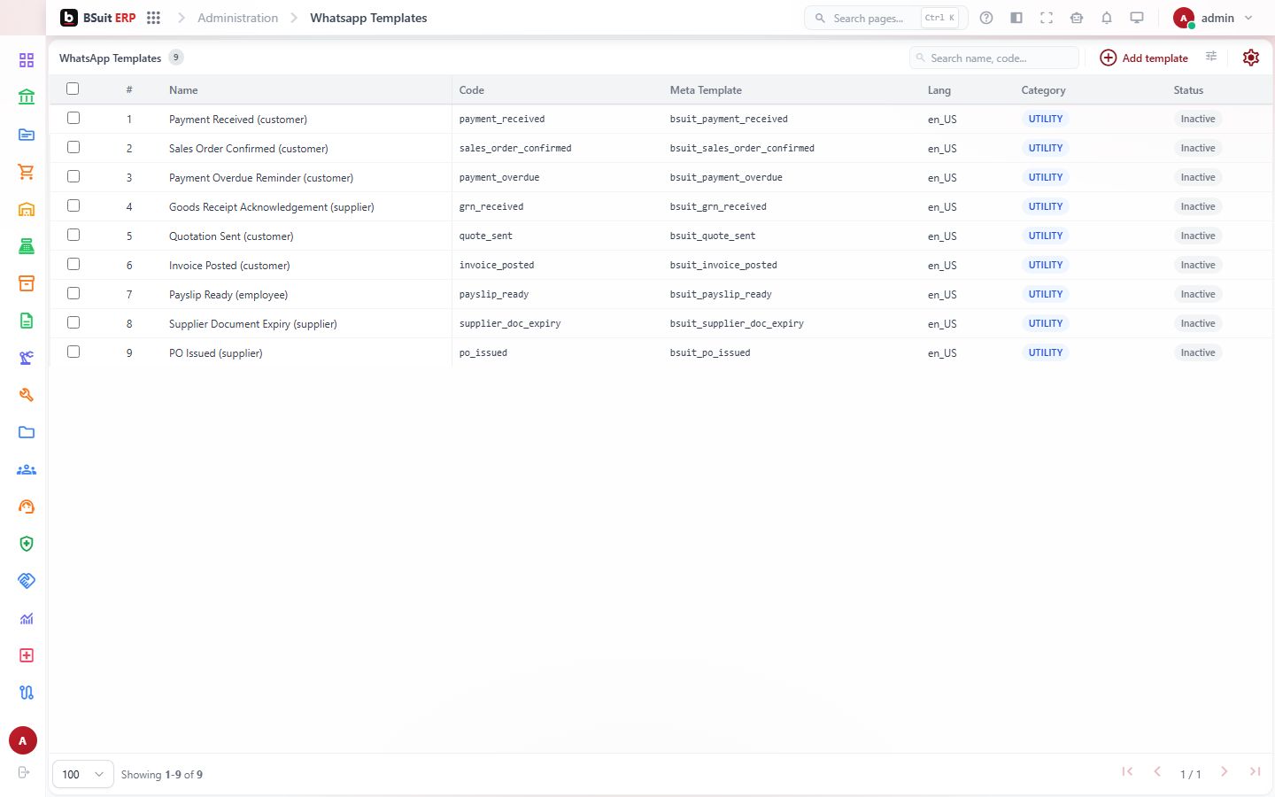 Screenshot of the Whatsapp Templates page