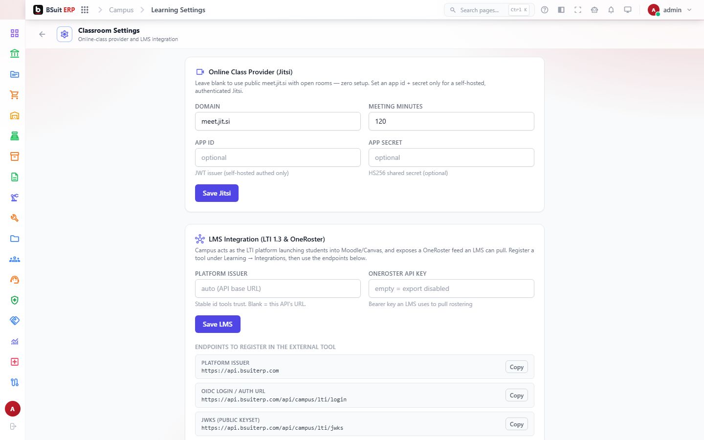 Screenshot of the Classroom Settings page