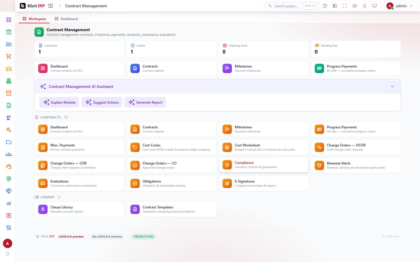Screenshot of the Contract Management page