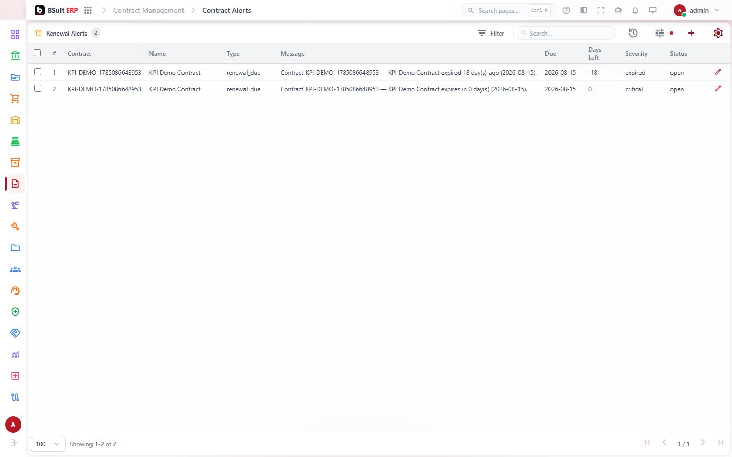 Screenshot of the Contract Alerts page