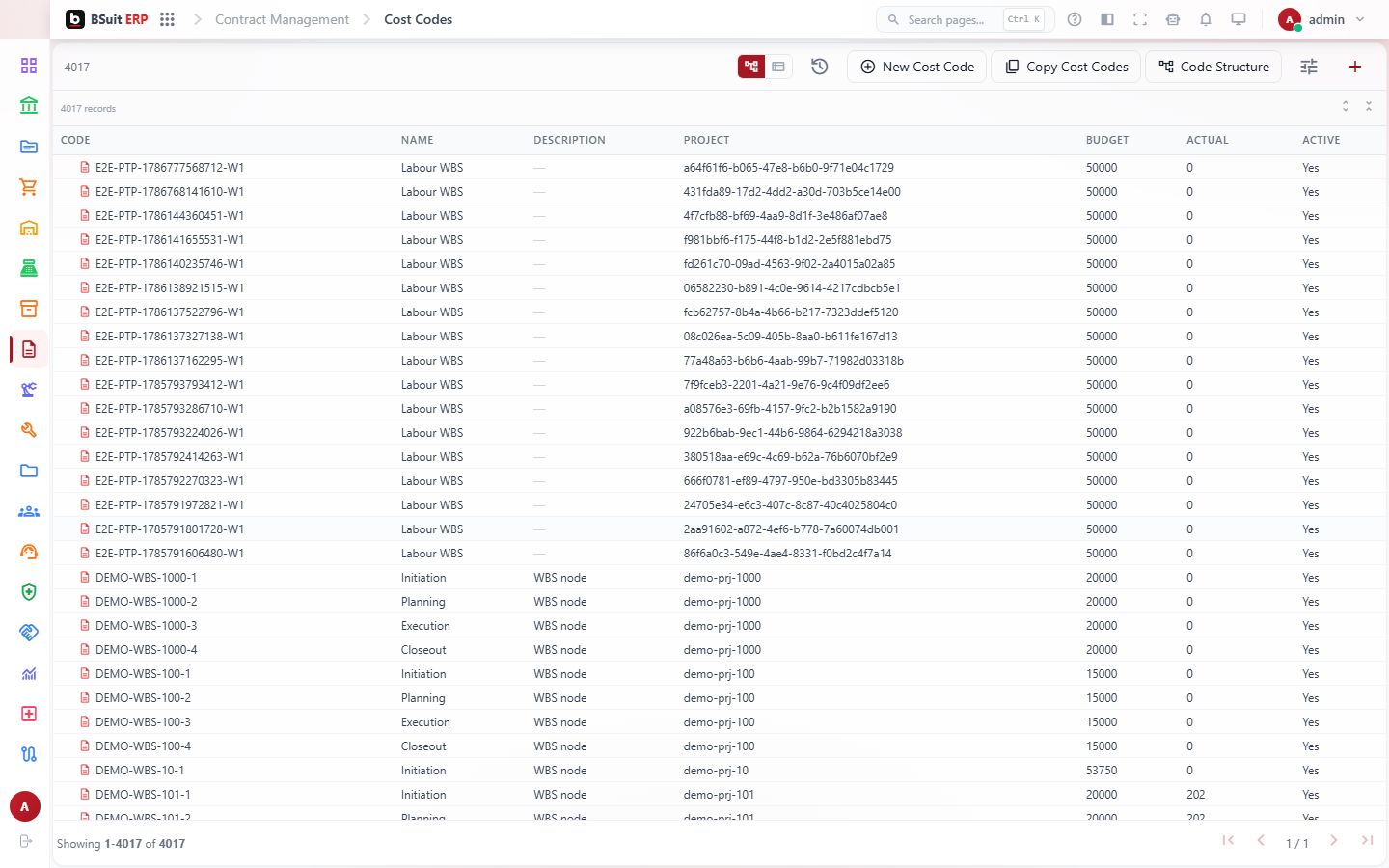 Screenshot of the Cost Codes page