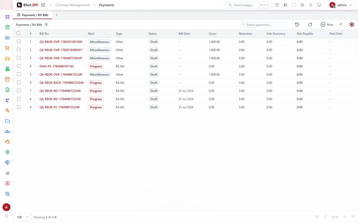Screenshot of the Payments page