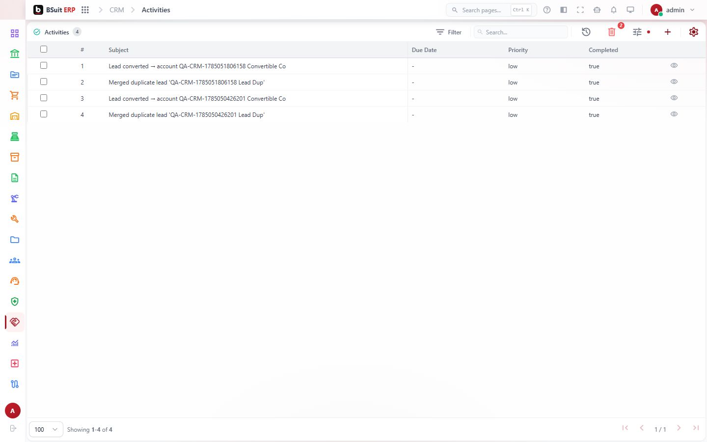 Screenshot of the Activities page