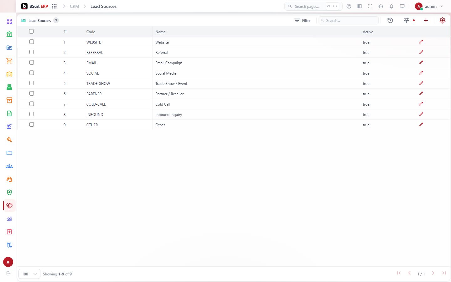 Screenshot of the Lead Sources page