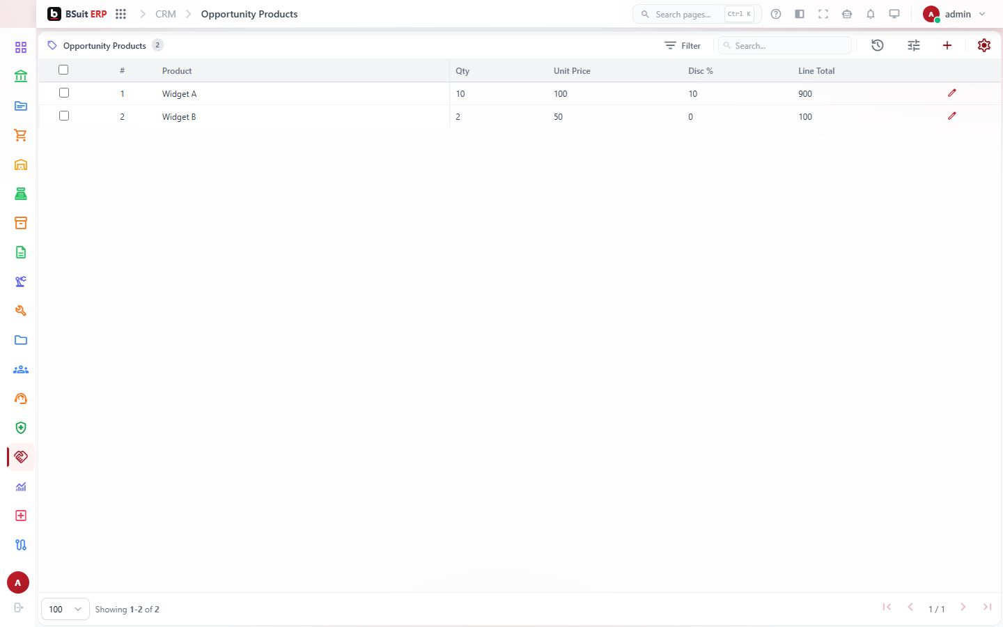 Screenshot of the Opportunity Products page