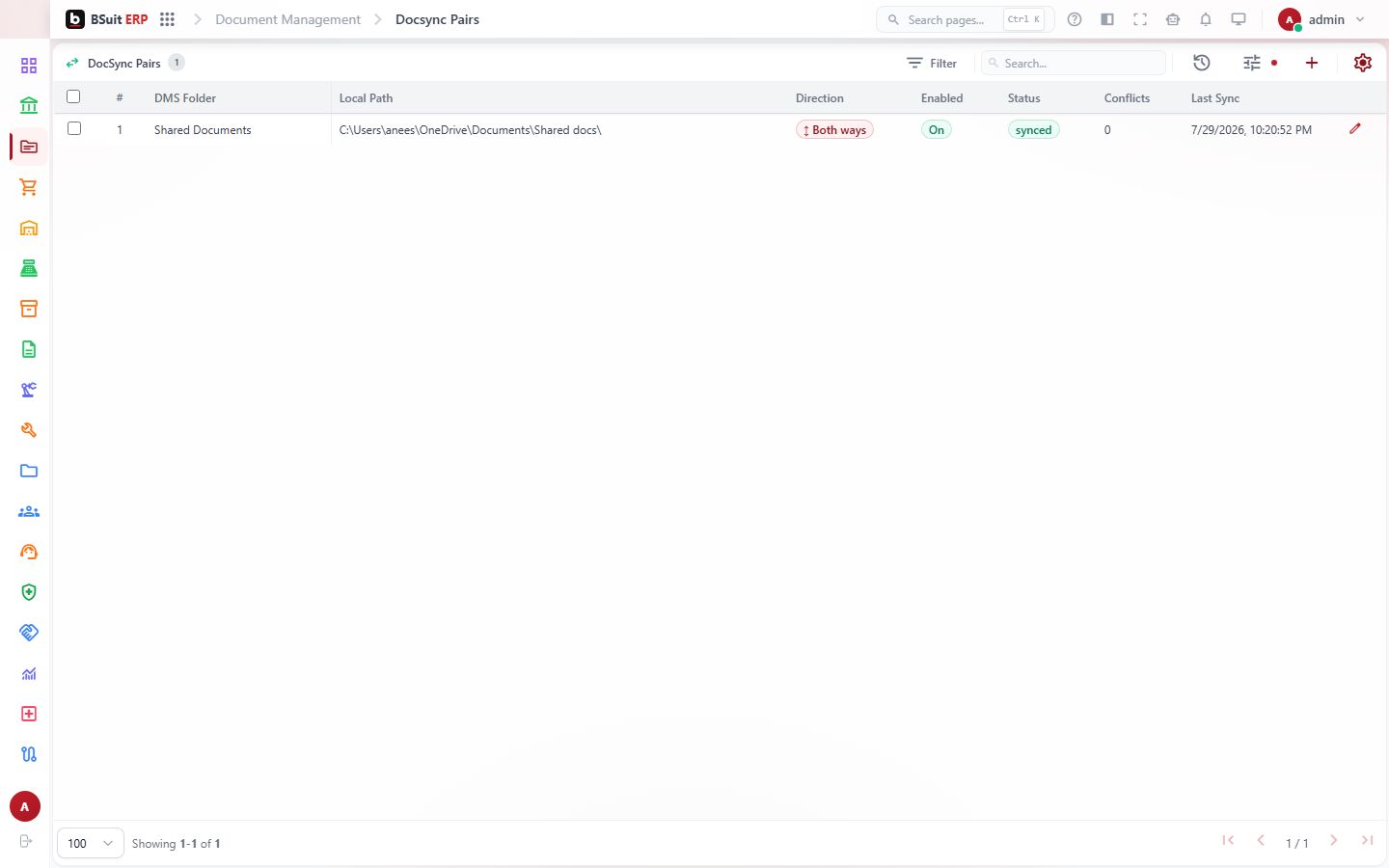 Screenshot of the Docsync Pairs page