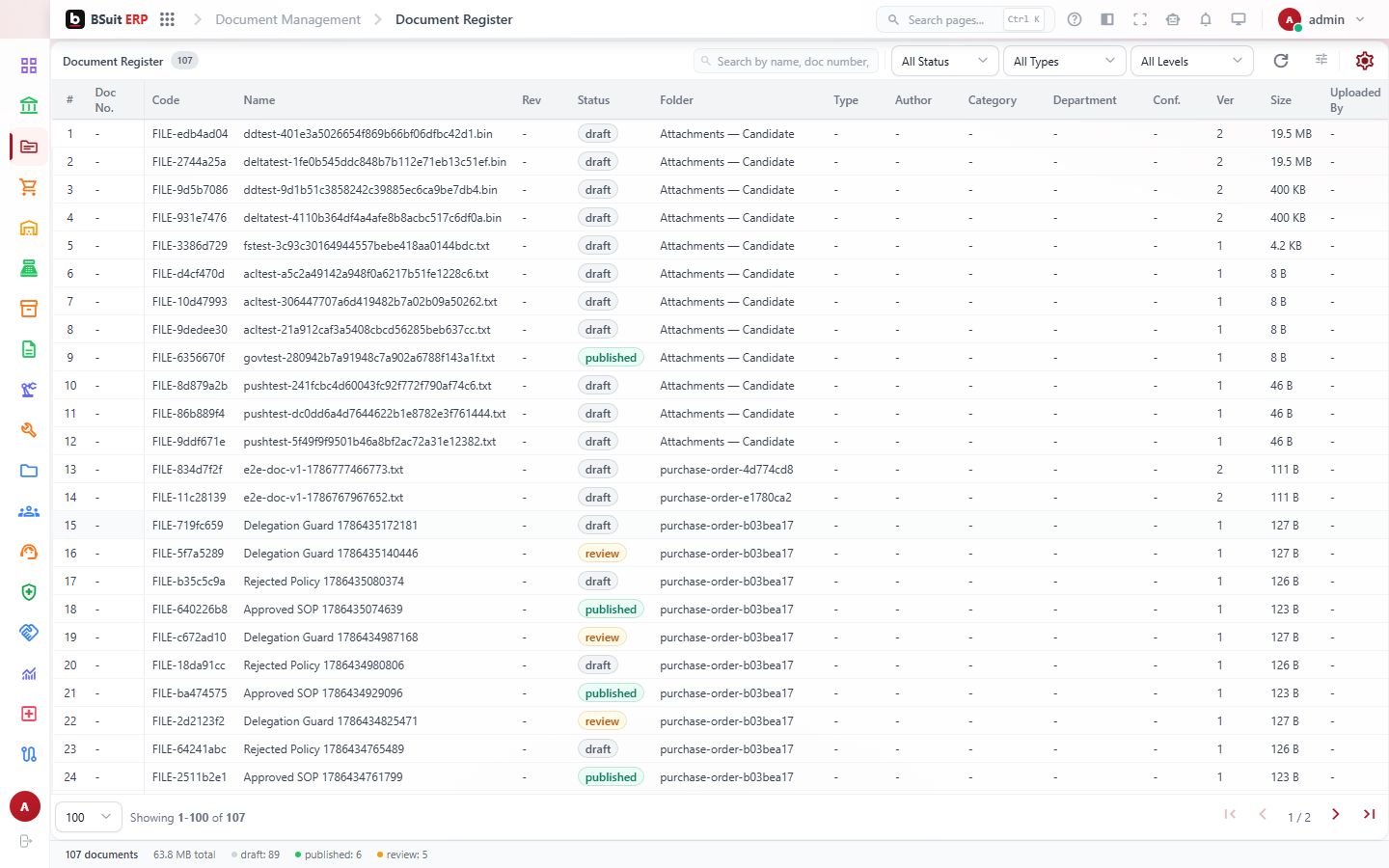 Screenshot of the Document Register page