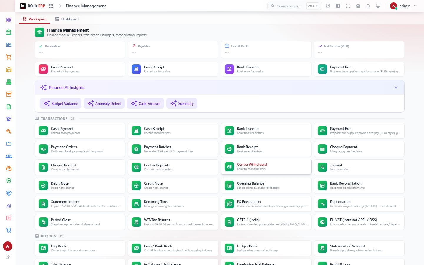 Screenshot of the Finance Management page