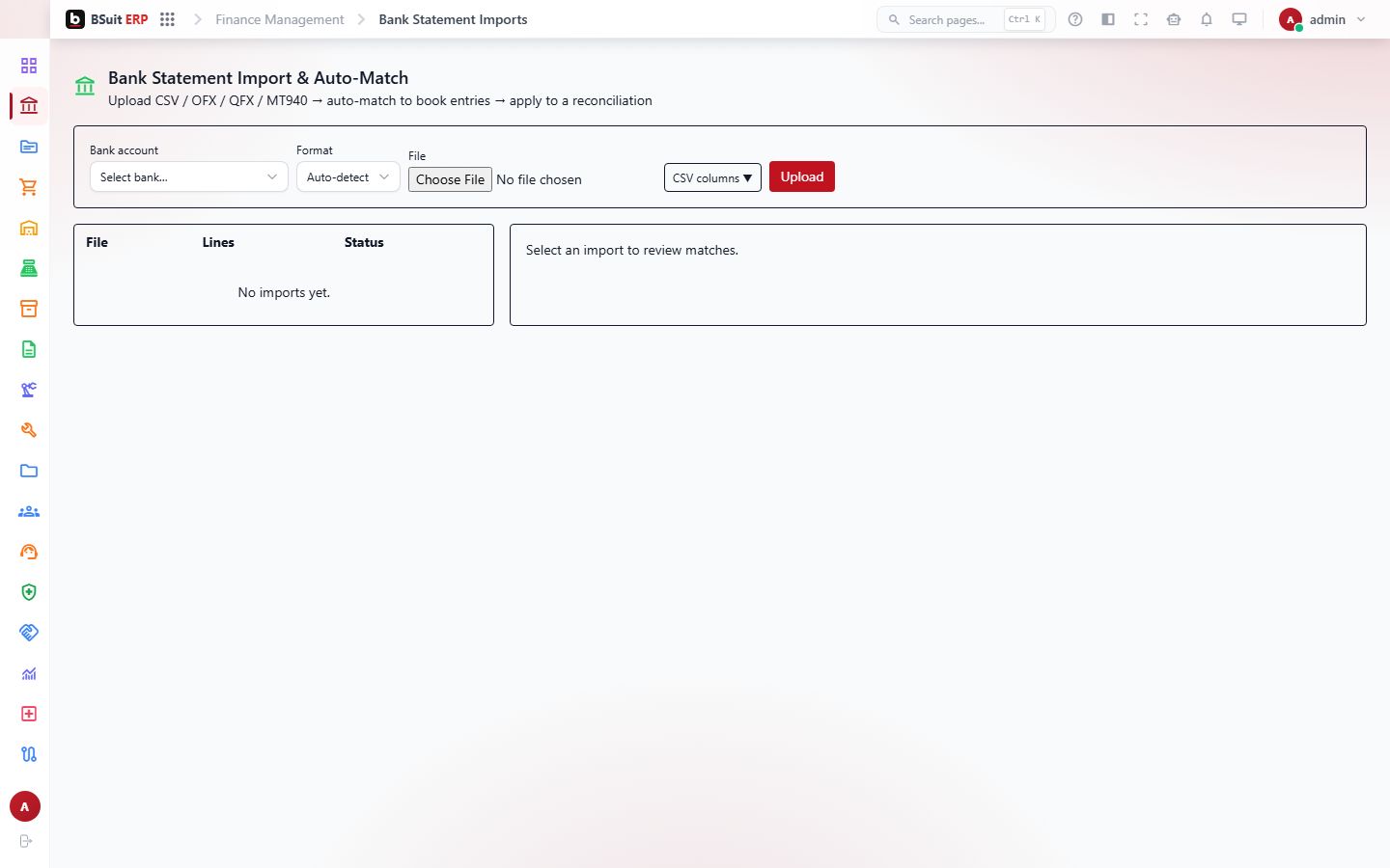 Screenshot of the Bank Statement Import &amp; Auto-Match page