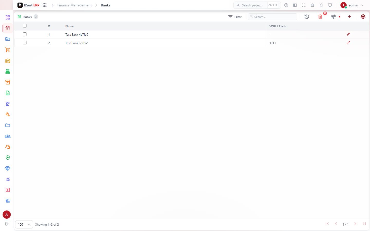Screenshot of the Banks page