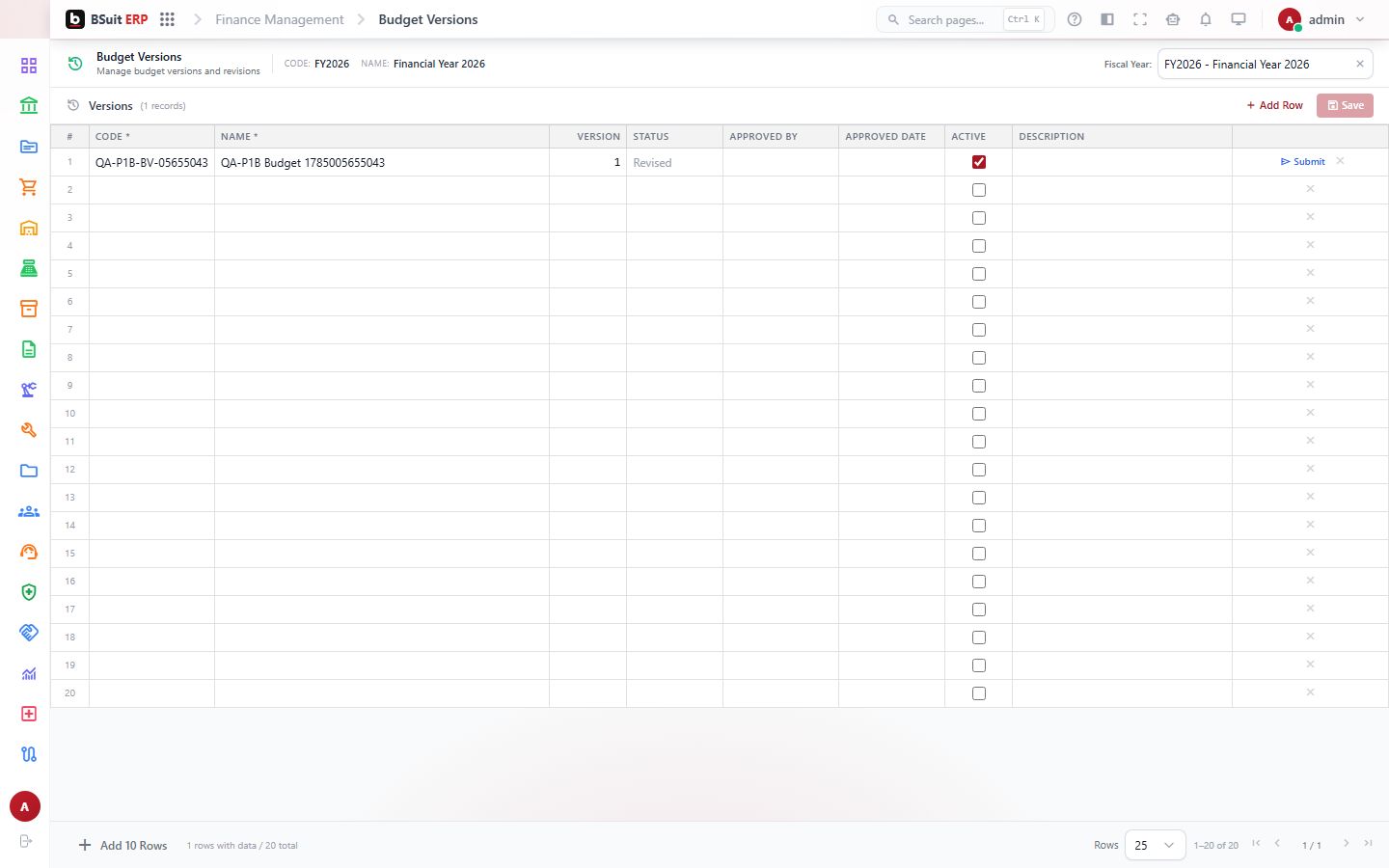 Screenshot of the Budget Versions page