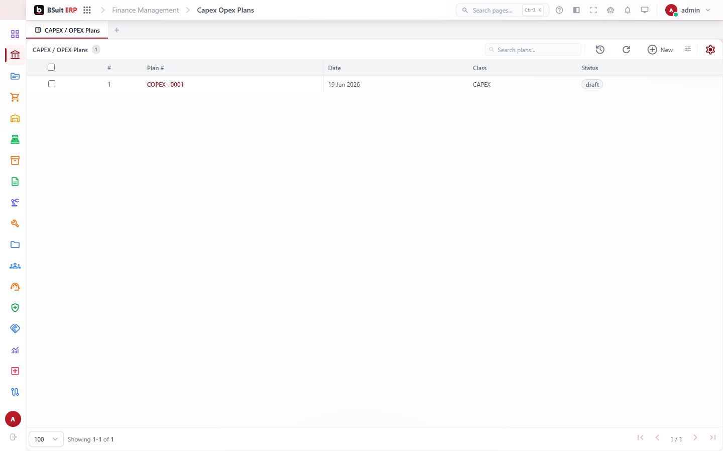 Screenshot of the Capex Opex Plans page