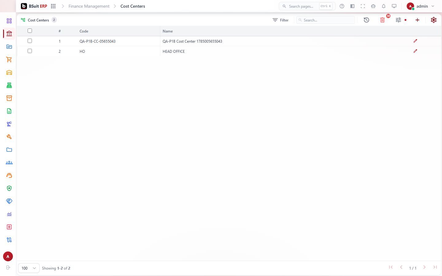 Screenshot of the Cost Centers page