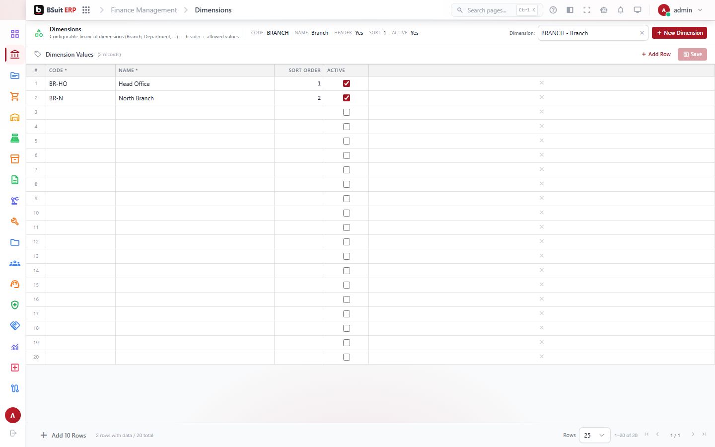 Screenshot of the Dimension Values page