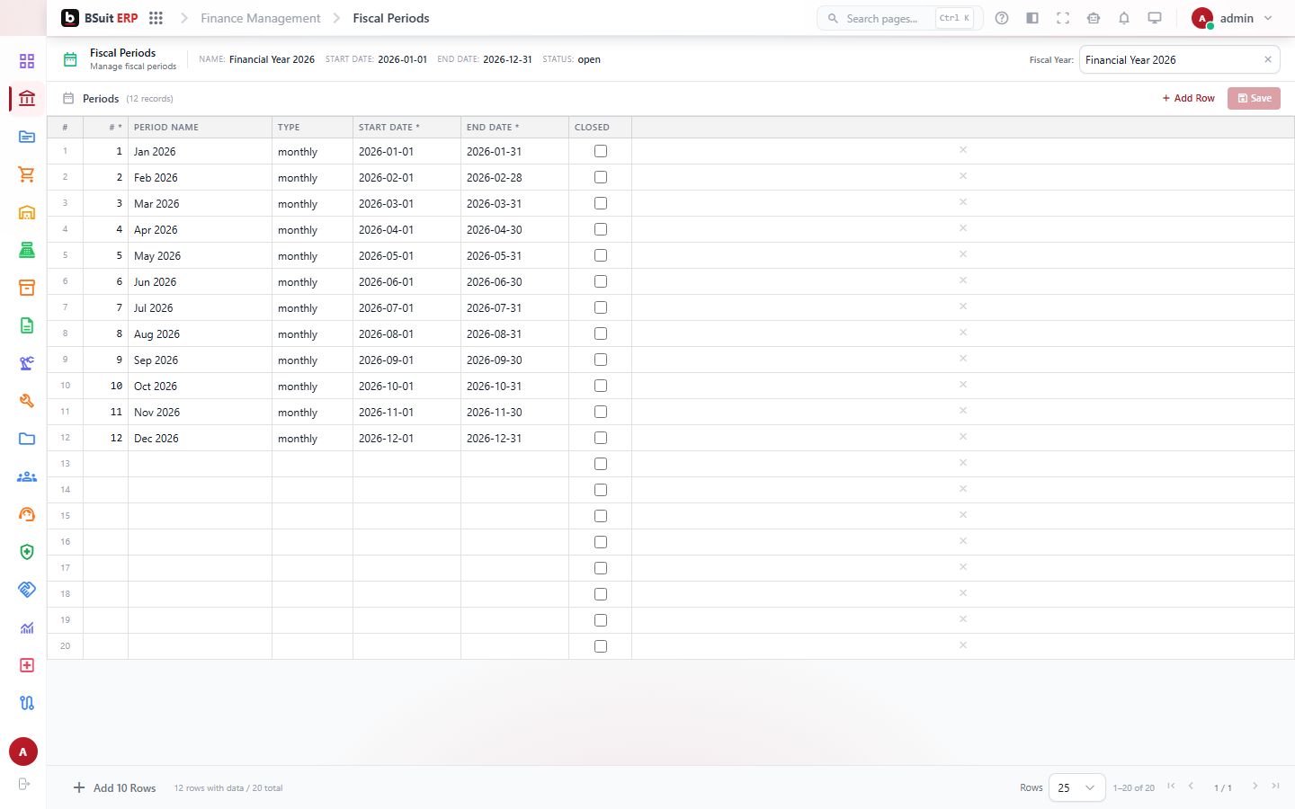 Screenshot of the Fiscal Periods page