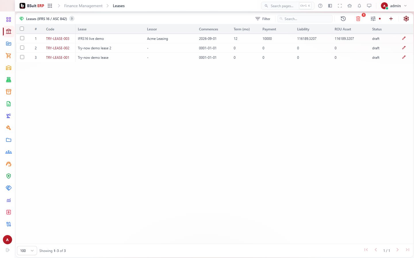 Screenshot of the Leases page