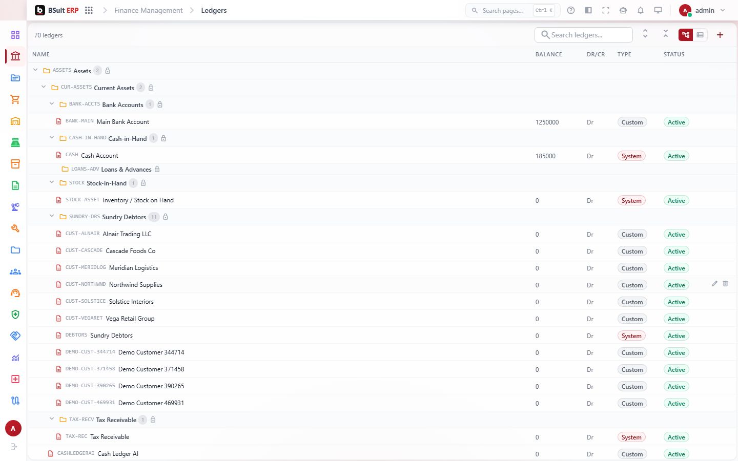 Screenshot of the Ledgers page
