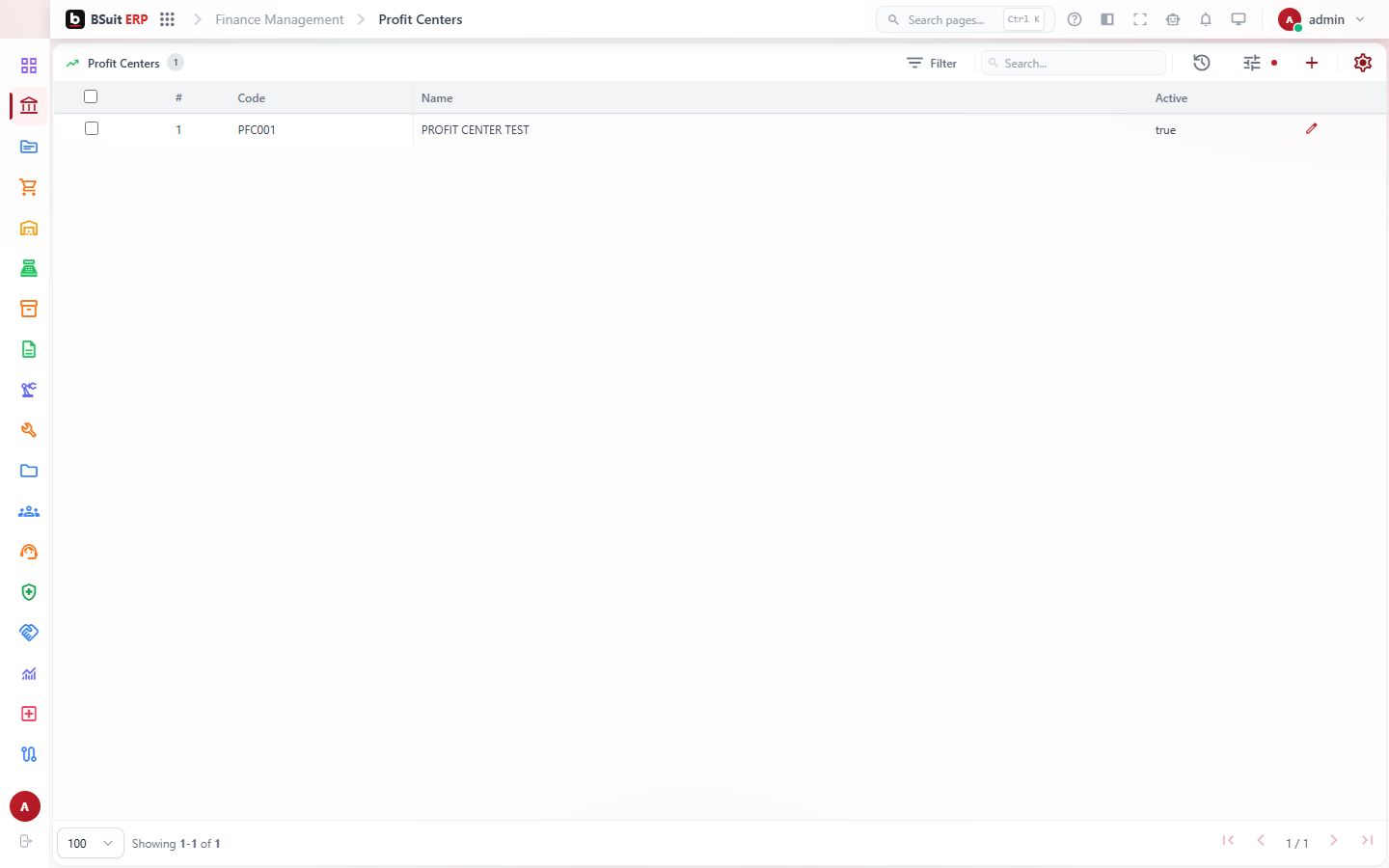 Screenshot of the Profit Centers page