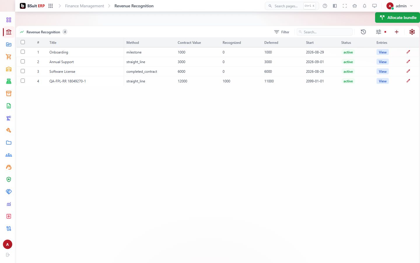 Screenshot of the Revenue Recognition page