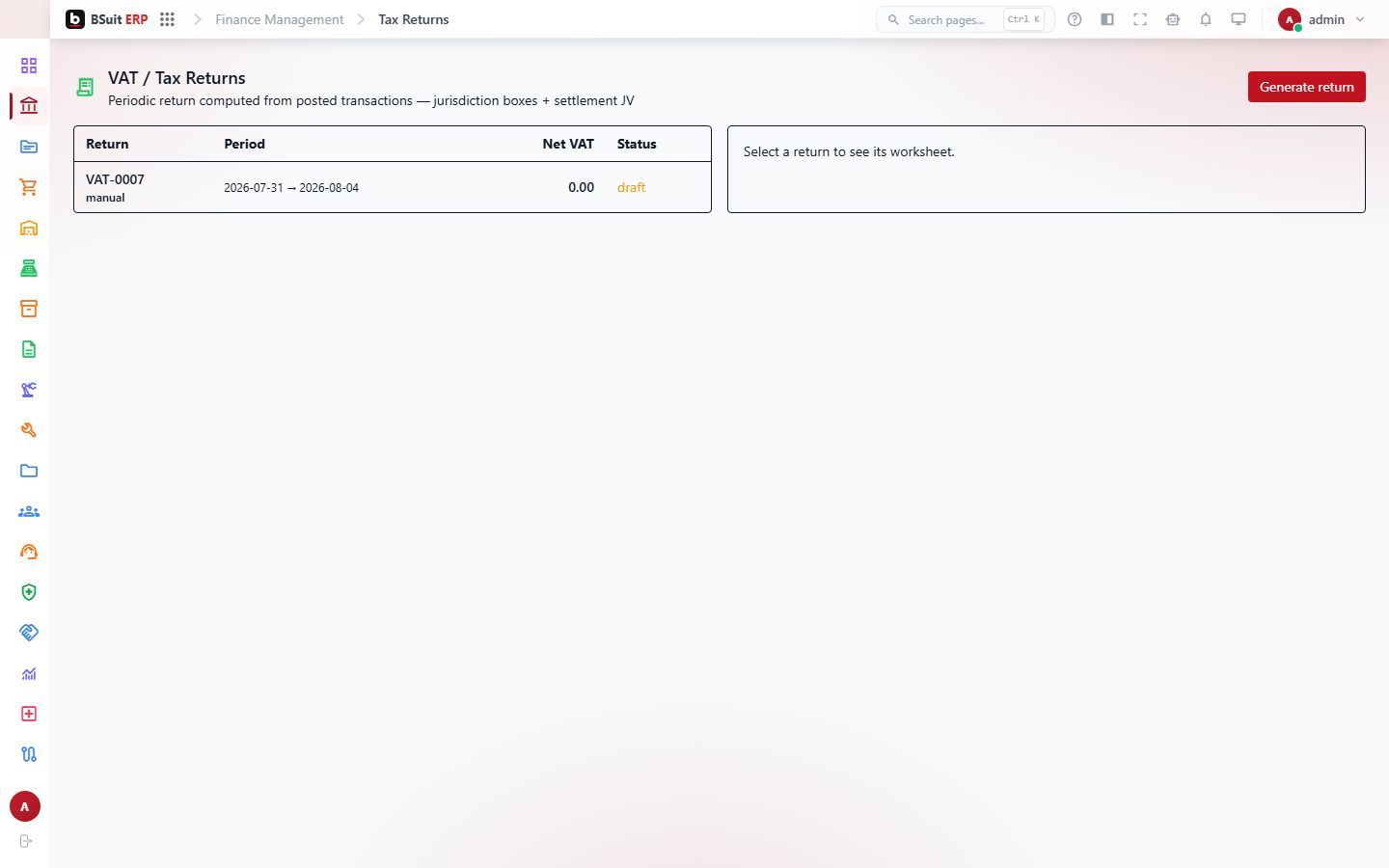 Screenshot of the VAT / Tax Returns page