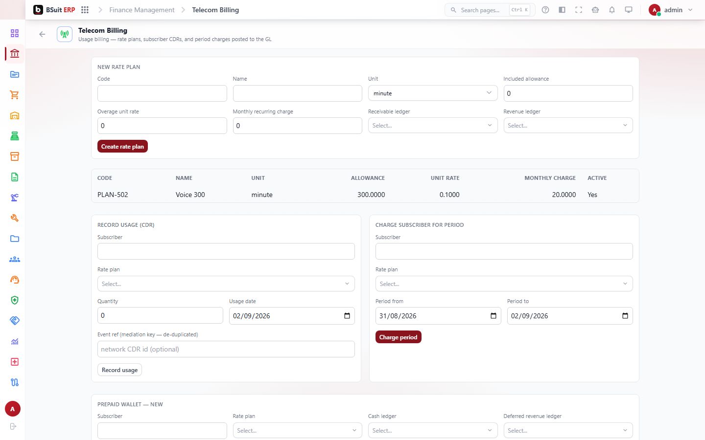 Screenshot of the Telecom Billing page