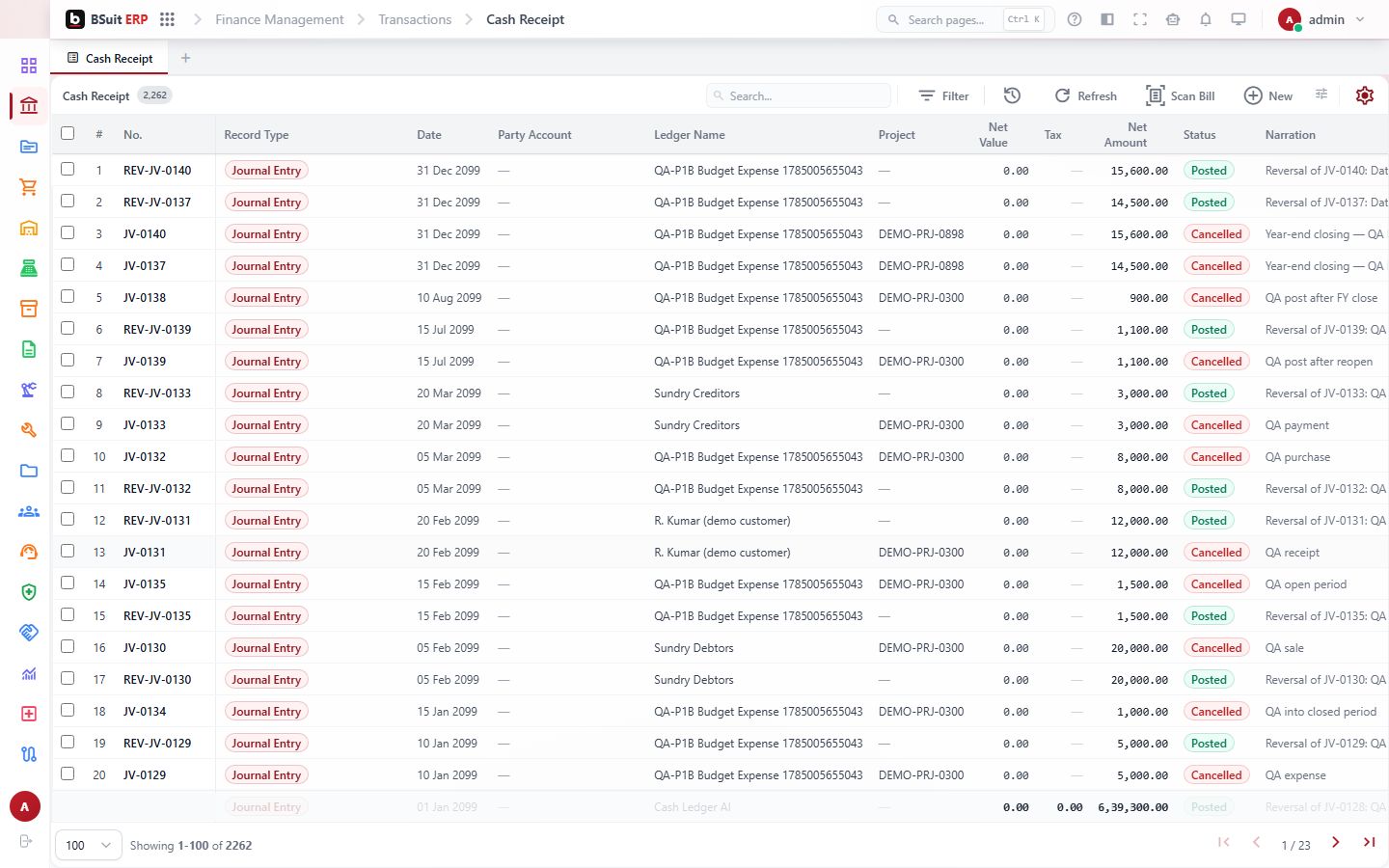 Screenshot of the Cash Receipt page