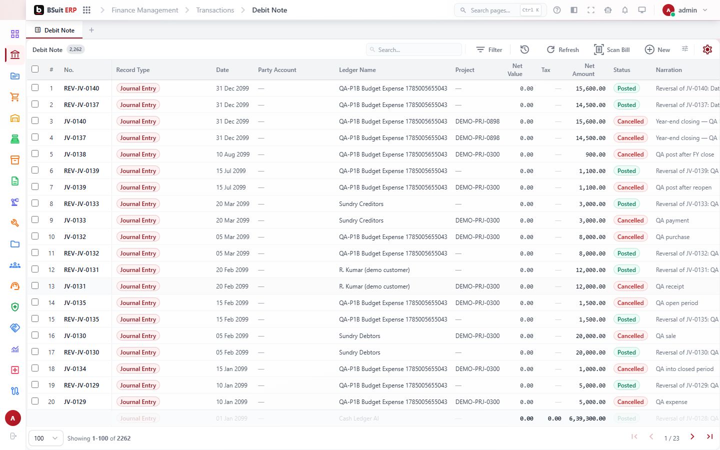 Screenshot of the Debit Note page