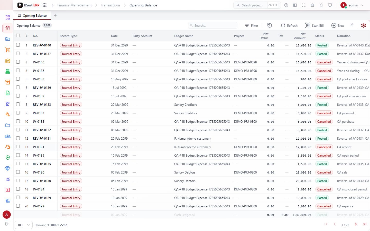 Screenshot of the Opening Balance page