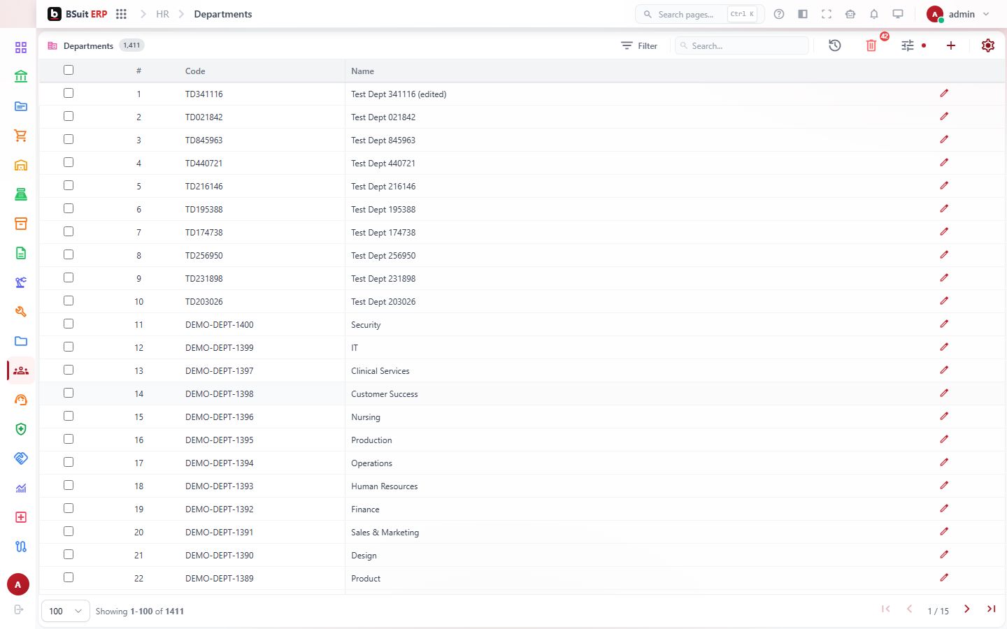 Screenshot of the Departments page