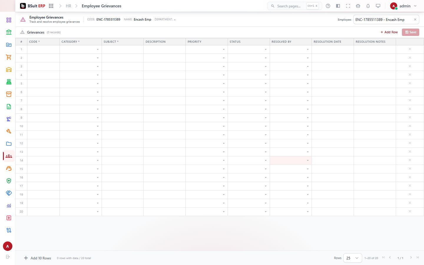 Screenshot of the Employee Grievances page