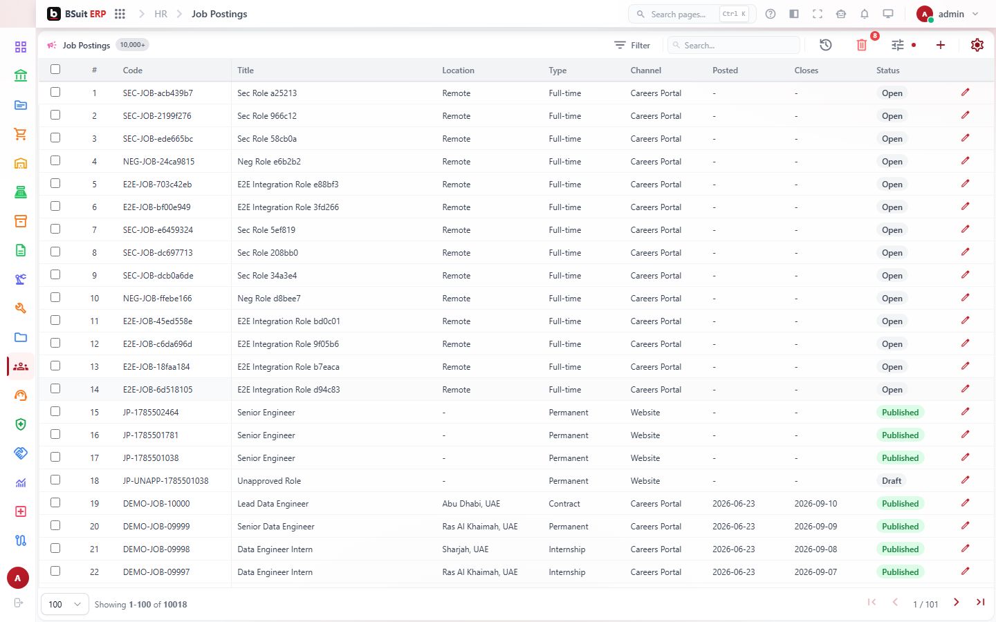 Screenshot of the Job Postings page