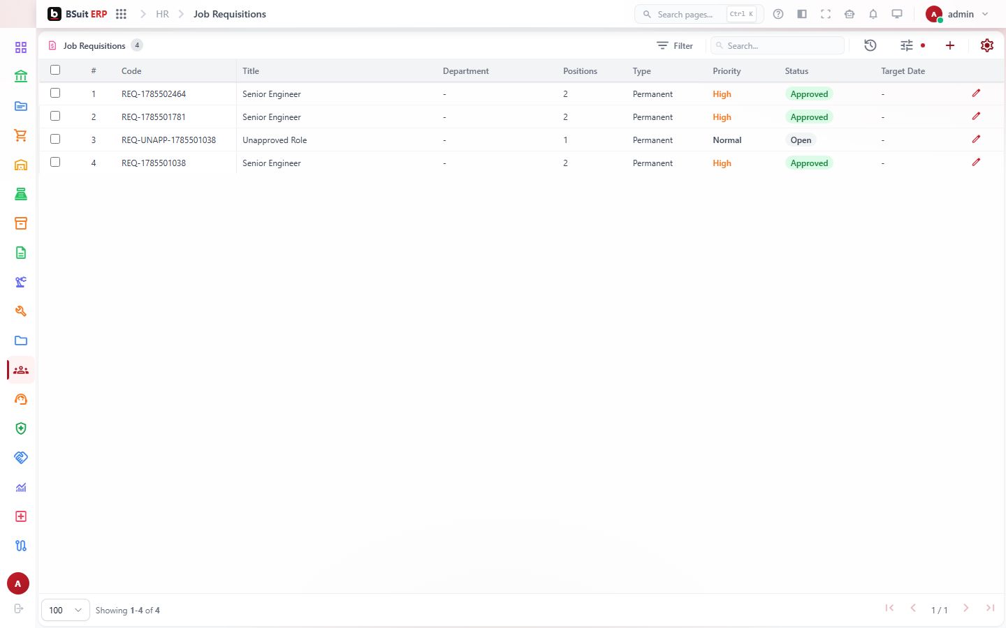 Screenshot of the Job Requisitions page