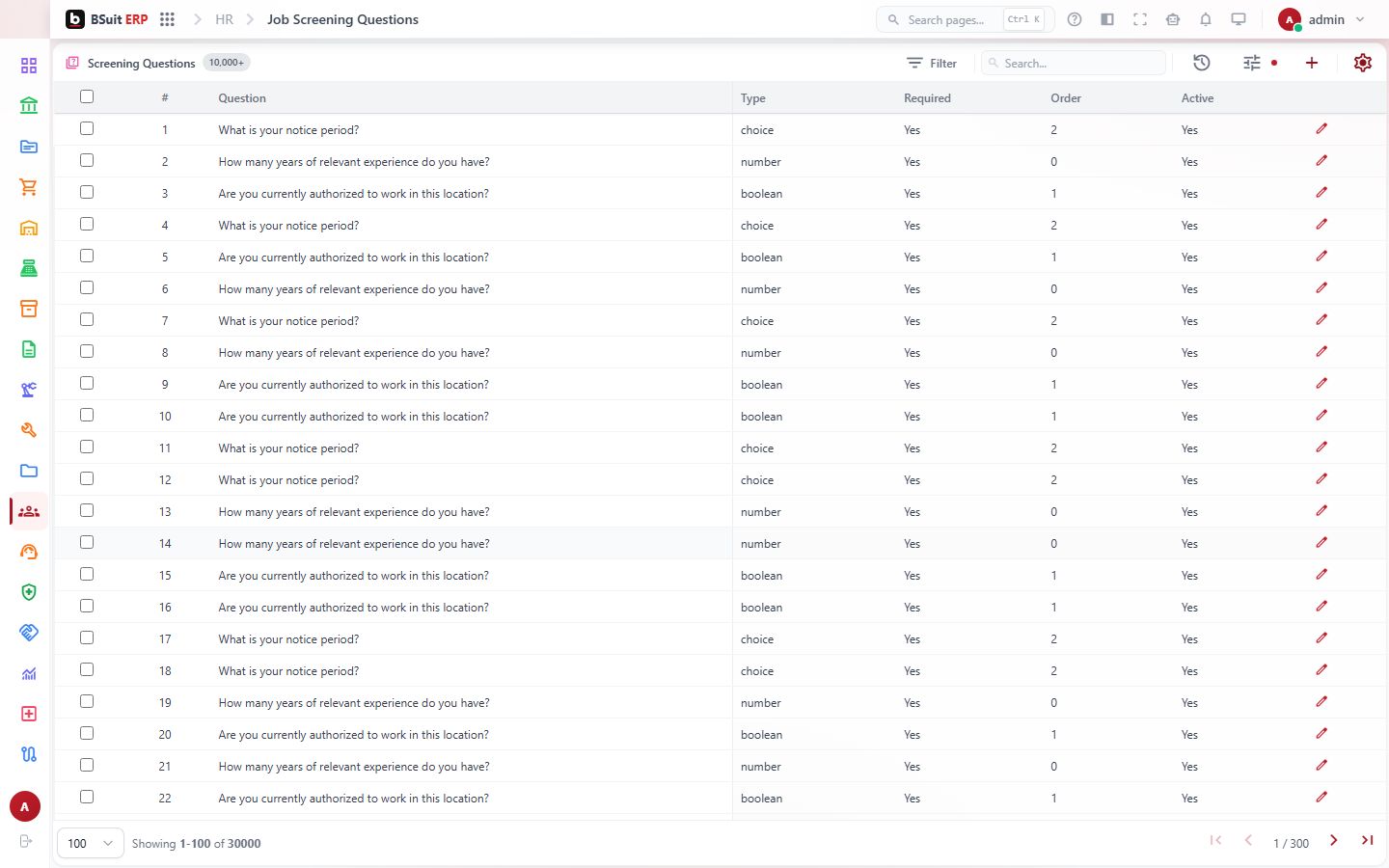 Screenshot of the Job Screening Questions page