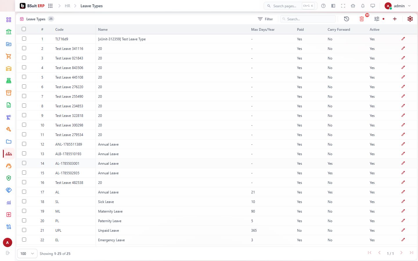 Screenshot of the Leave Types page