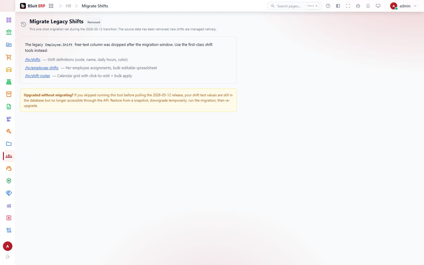 Screenshot of the Migrate Shifts page