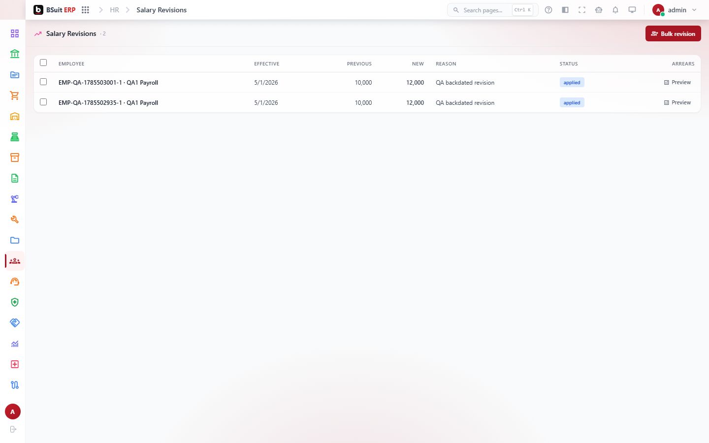 Screenshot of the Salary Revisions page